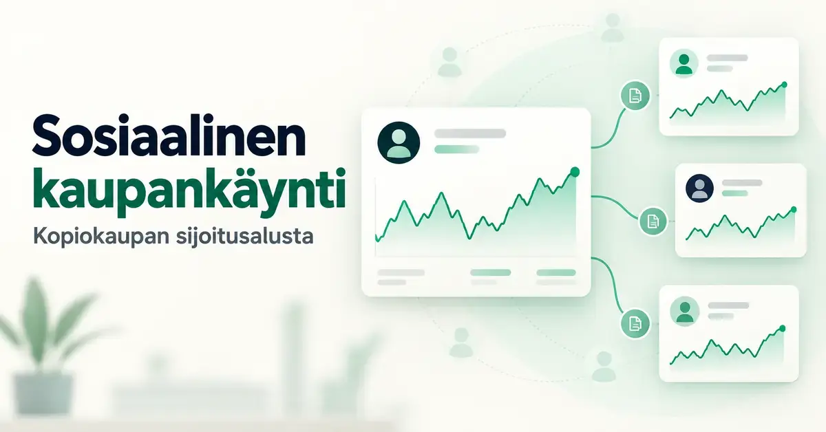 Sosiaalista kaupankäyntiä ja kopiokauppaa havainnollistava kuva, jossa sijoitussalkkujen kurssikäyrät ja käyttäjäkuvakkeet yhdistyvät toisiinsa.