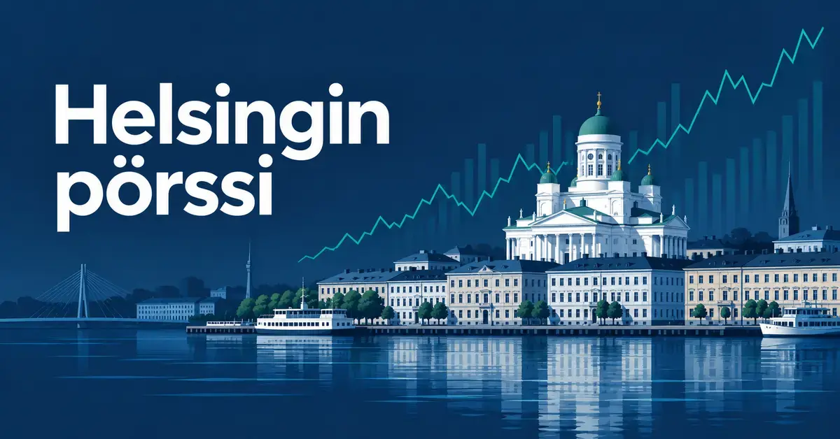 Helsingin siluetti, tuomiokirkko ja pörssikurssien kehitystä havainnollistava kaavio sekä teksti ”Helsingin pörssi” tummansinisellä taustalla.