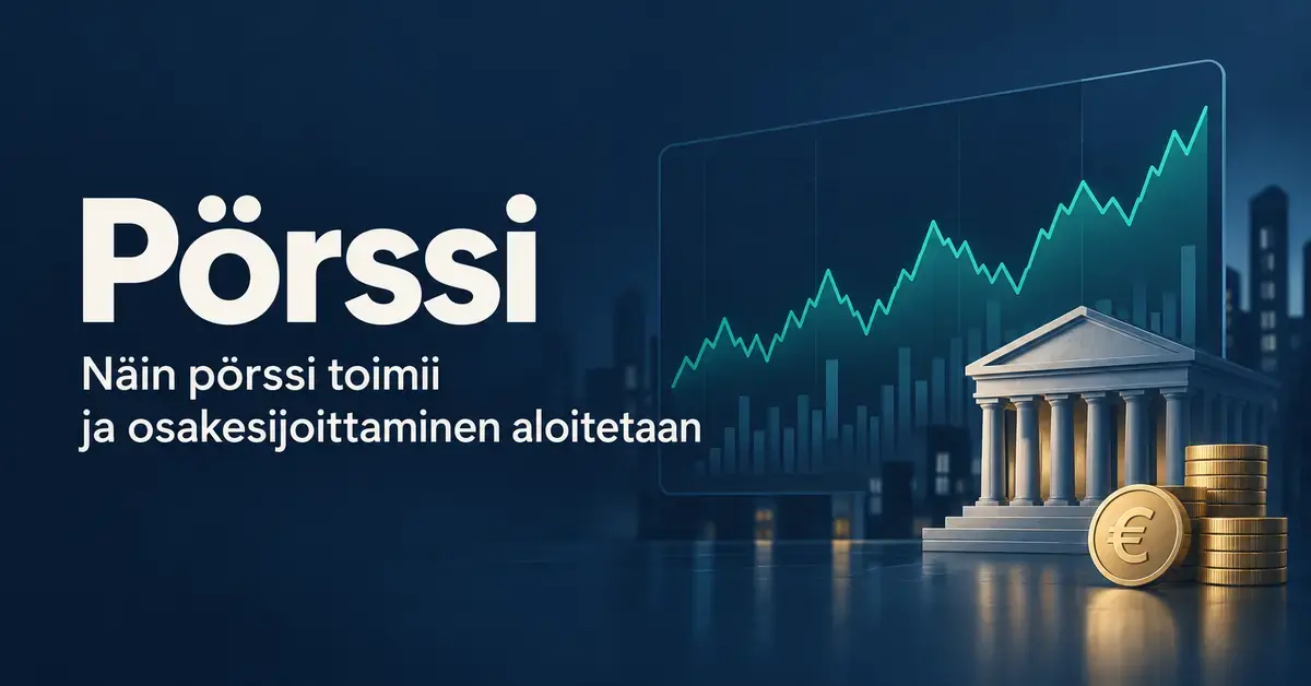 Pörssiä ja osakesijoittamisen aloittamista kuvaava grafiikka, jossa on kurssikäyrä, pörssirakennus ja eurokolikoita tummansinisellä taustalla.
