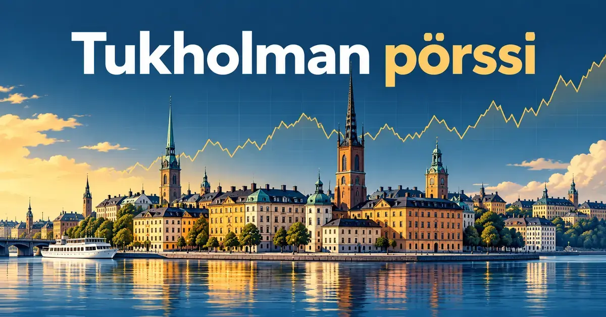 Tukholman rantakaupunkia ja osakekurssien vaihtelua kuvaava kuvitus, jonka otsikkona on ”Tukholman pörssi”.